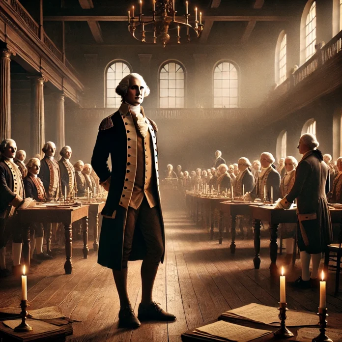 A historical scene depicting February 4, 1789, when George Washington was elected as the first U.S. President