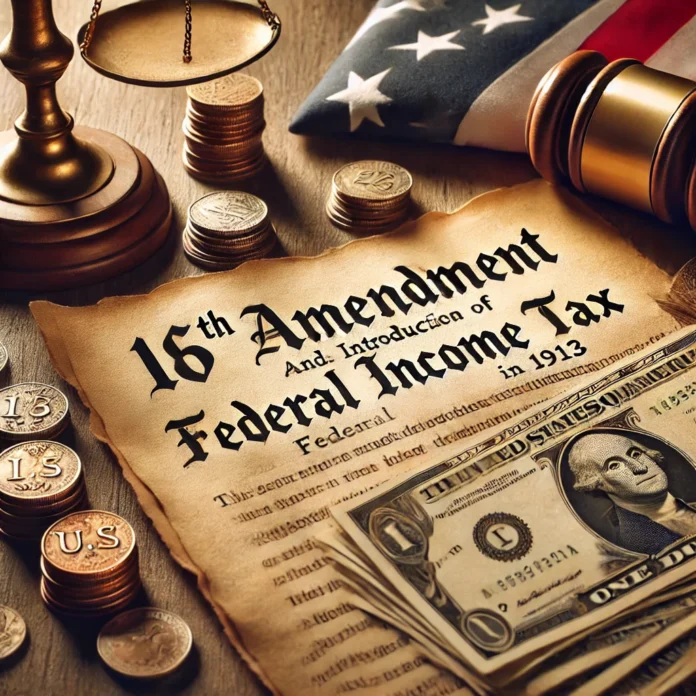 A historical-themed illustration representing the 16th Amendment and the introduction of federal income tax in 1913