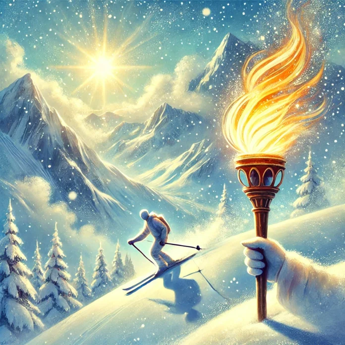 A brush-stroke painting depicting a lit torch standing alone in the foreground with its flame flickering warmly against a bright, snowy landscape