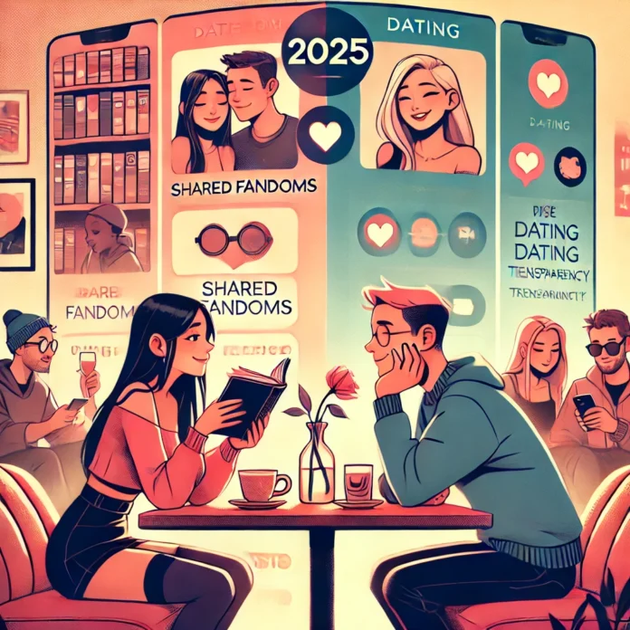 A modern and stylish illustration showcasing 2025 dating trends, featuring a split-screen concept