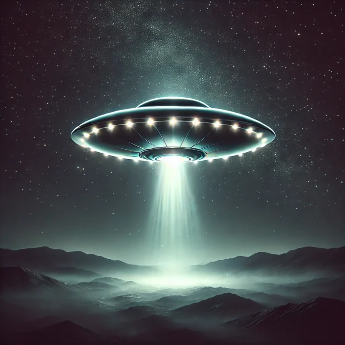 A mysterious UFO hovering in a dark night sky, emitting a soft, eerie glow