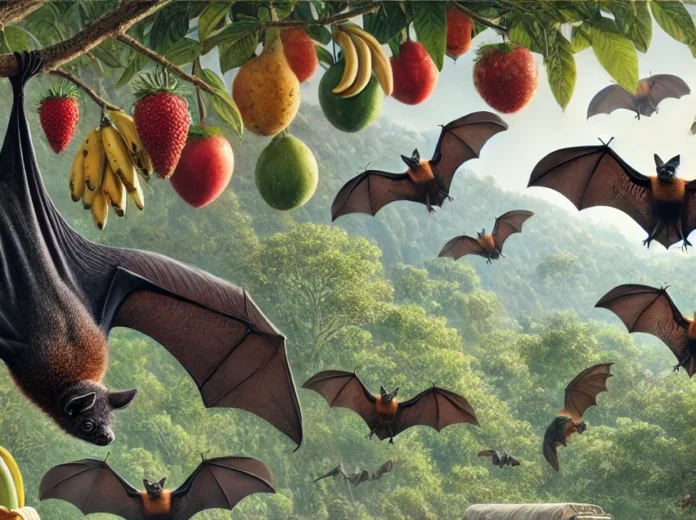 An illustration of Jamaican fruit bats feeding on various food sources