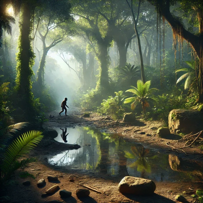 A realistic depiction of an ancient rainforest environment in West Africa, specifically evoking Côte d'Ivoire approximately 150,000 years ago