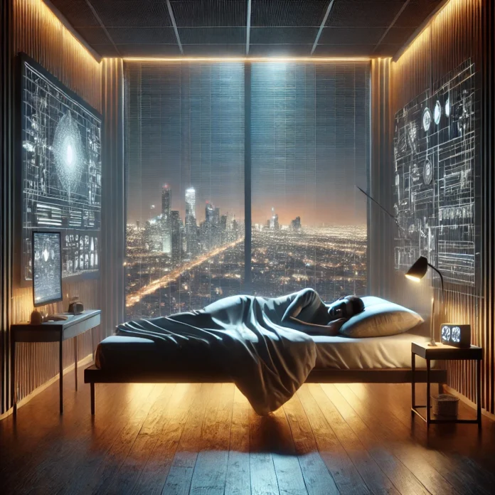 A realistic digital illustration of a person sleeping in a modern, industrialized bedroom