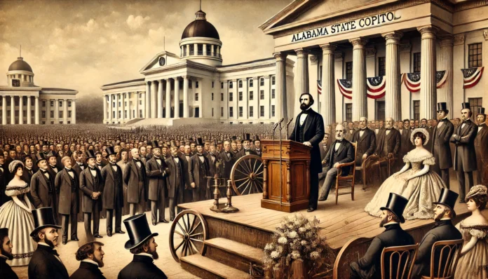 A scene depicting Jefferson Davis’s inauguration as the first president in 1861 at the Alabama State Capitol