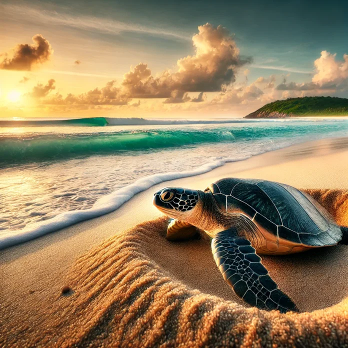 A serene beach at sunrise with a green sea turtle (Chelonia mydas) emerging from the ocean onto the sandy shore