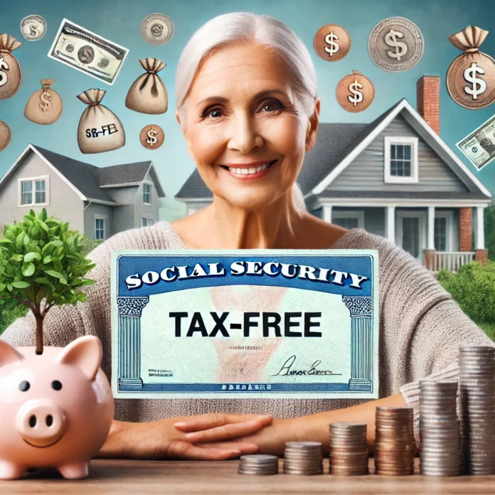 A smiling retiree holding a Social Security check stamped with 'Tax-Free,' surrounded by symbols of financial relief such as stacks of coins