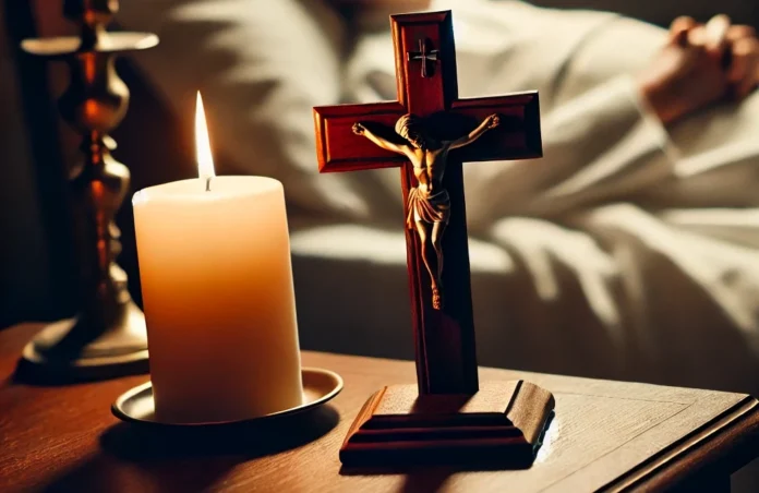 A solemn scene featuring a wooden cross and a lit candle on a bedside table, symbolizing faith and prayer