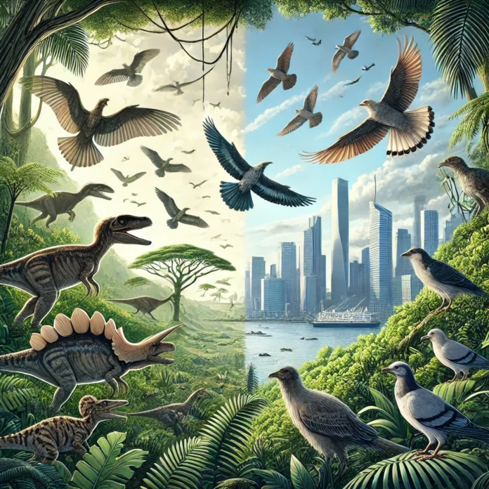 A split-scene illustration showing the evolutionary transition from dinosaurs to modern birds