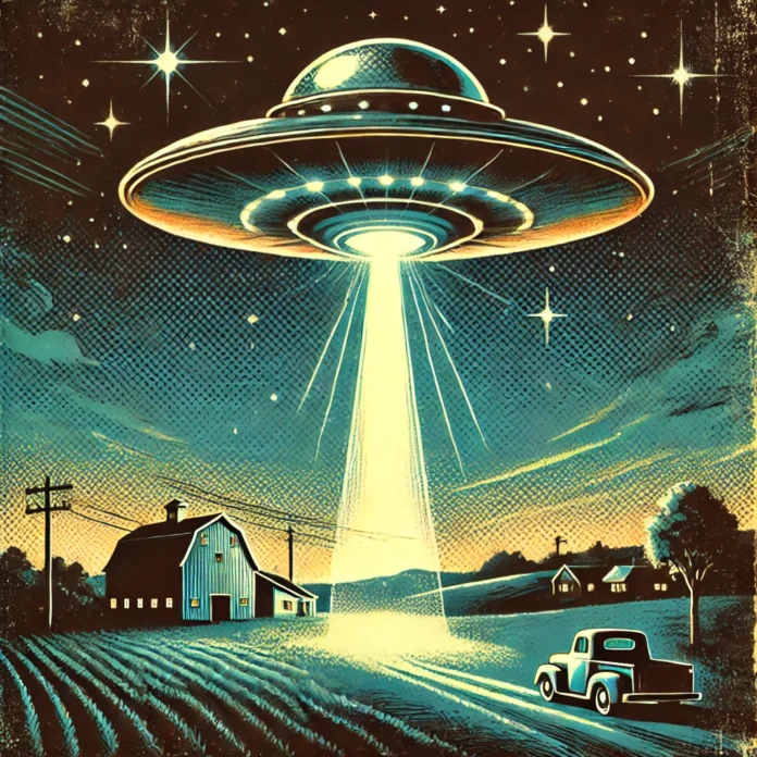 A vintage-style illustration of a UFO hovering over a rural landscape at night