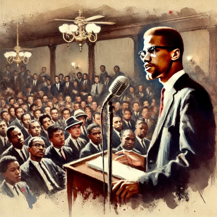 A watercolor painting-style depiction of Malcolm X delivering a speech at the Audubon Ballroom in 1965