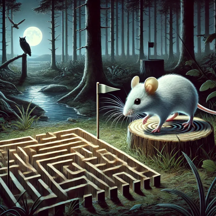 A white-footed mouse navigating a small maze in a nighttime forest setting. The mouse looks alert, with its whiskers twitching as it sniffs the air