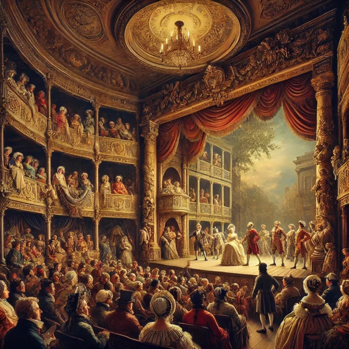 An artistic depiction of an early 19th-century theater performance of a Shakespearean play. The scene is set in a grand, candlelit playhouse with an audience