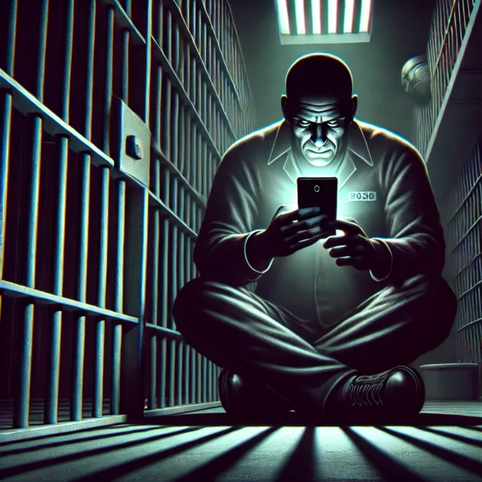 An illustration of a inmate in a Brazilian prison using a cell phone to order crimes