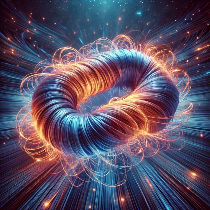 An illustration of a tangled, glowing magnetic field in a periodic, toroidal space