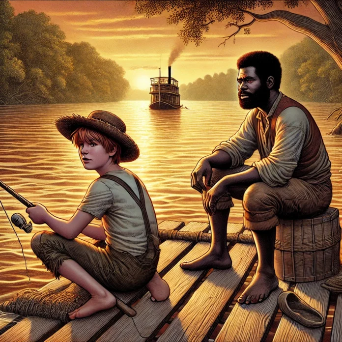 An illustration of a young boy, Huckleberry Finn, and a Black man in his late 20s or early 30s, Jim, floating down the Mississippi River on a raft