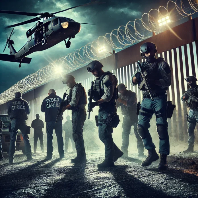 An image depicting U.S. federal agents in tactical gear conducting a raid against cartel members, with a background of a U.S.-Mexico border