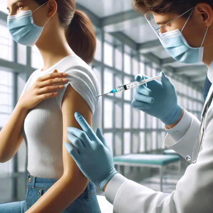 An llustration of a person receiving a vaccine injection in their upper arm