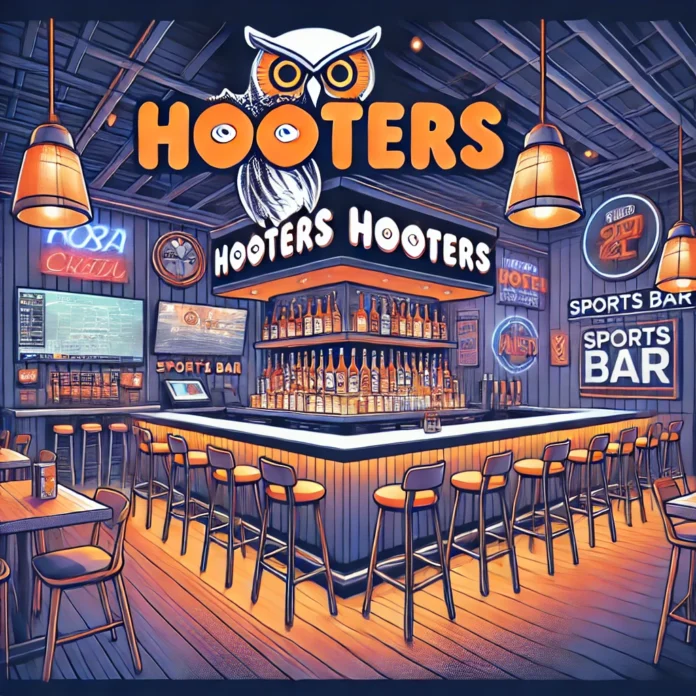 Hooters. The setting includes a lively bar atmosphere with neon lights, a casual dining area