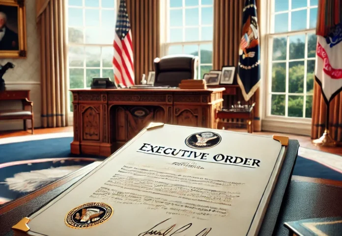 The Resolute Desk in the Oval Office with an executive order placed on it