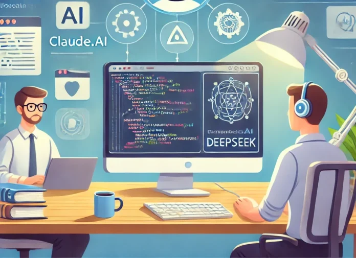 A visual representation of the hybrid approach to software development, showing a developer using AI tools like ChatGPT, Claude.ai, and DeepSeek