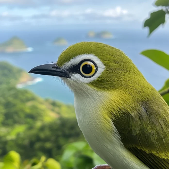 A close-up photograph of a Zosterops white-eye bird perched against the lush backdrop of the Solomon Islands.