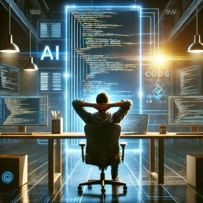 A digital illustration of a coder sitting back in his chair with his hands behind his head, watching as code is being written automatically on his computer