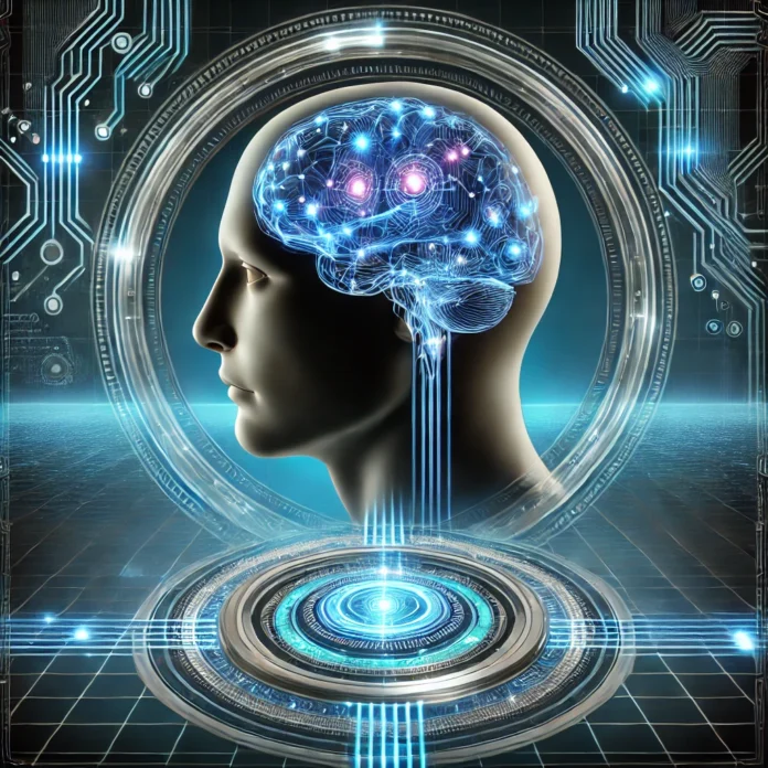 A futuristic digital illustration of a brain-computer interface (BCI). The image features a human brain seamlessly