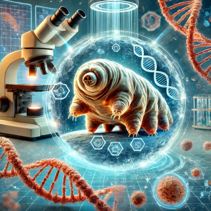 A futuristic medical scene illustrating the concept of using tardigrade (water bear) super-protein to protect human cells during radiation therapy