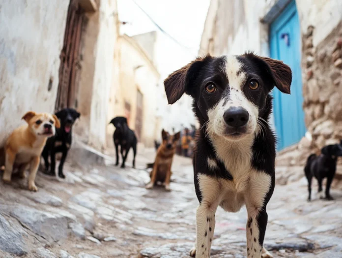 A group of stray dogs roam the streets of a Moroccan city, their anxious eyes reflecting uncertainty