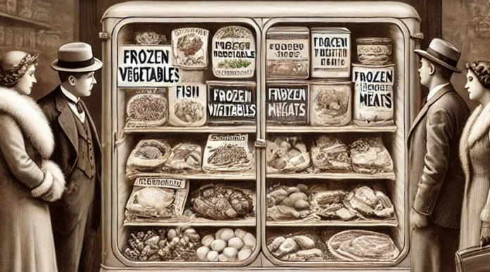 A historical 1930s grocery store scene featuring the first frozen food products from Birds Eye