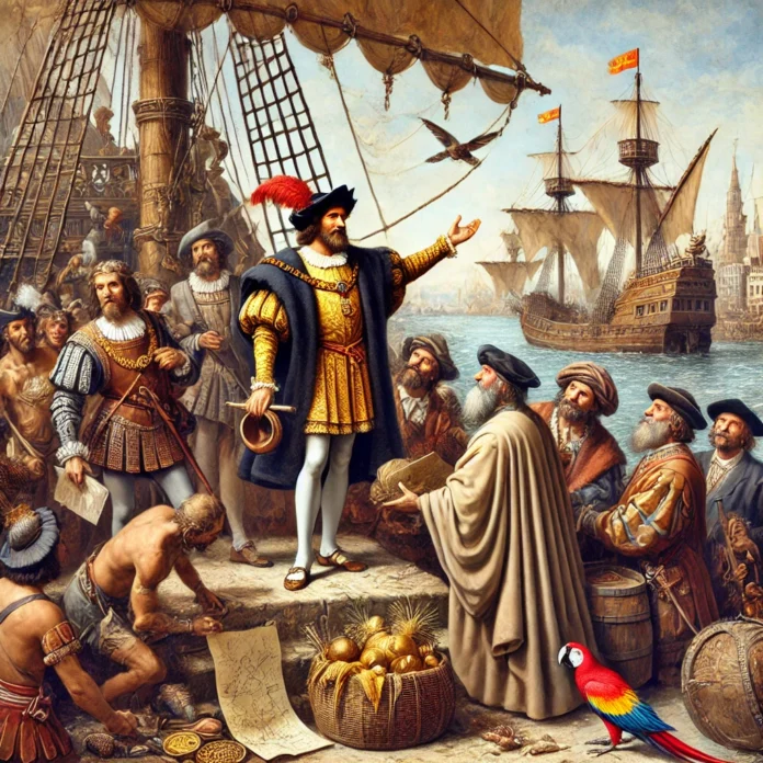 A historical depiction of Christopher Columbus arriving in Spain on March 15, 1493, after his first voyage to the New World