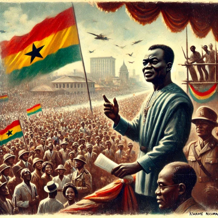 A historical depiction of Ghana's independence celebration on March 6, 1957. Kwame Nkrumah is seen addressing a massive crowd in Accra