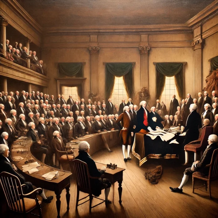 A historical scene depicting the first meeting of the United States Congress in 1789