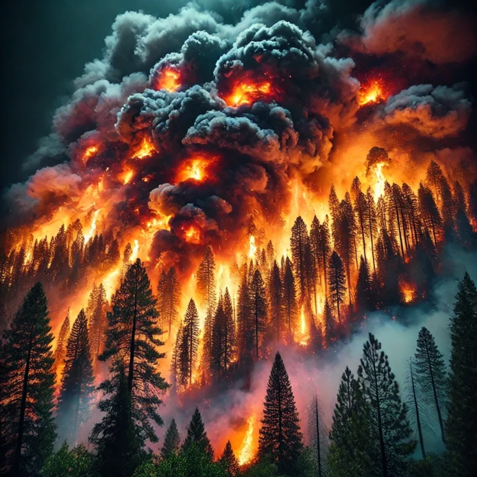 A massive wildfire raging through a dense forested area. Towering flames consume trees as thick black smoke billows into the sky