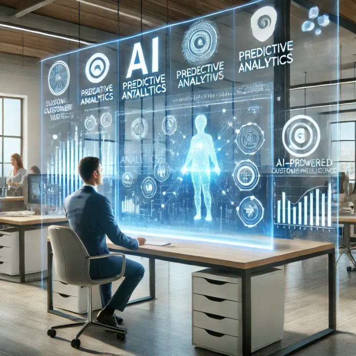 A modern office setting with a small business owner analyzing AI-generated data on a holographic dashboard