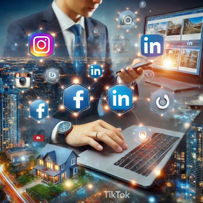 A modern real estate agent using social media on a laptop and smartphone, surrounded by floating icons of Instagram, Facebook, LinkedIn, YouTube, etc