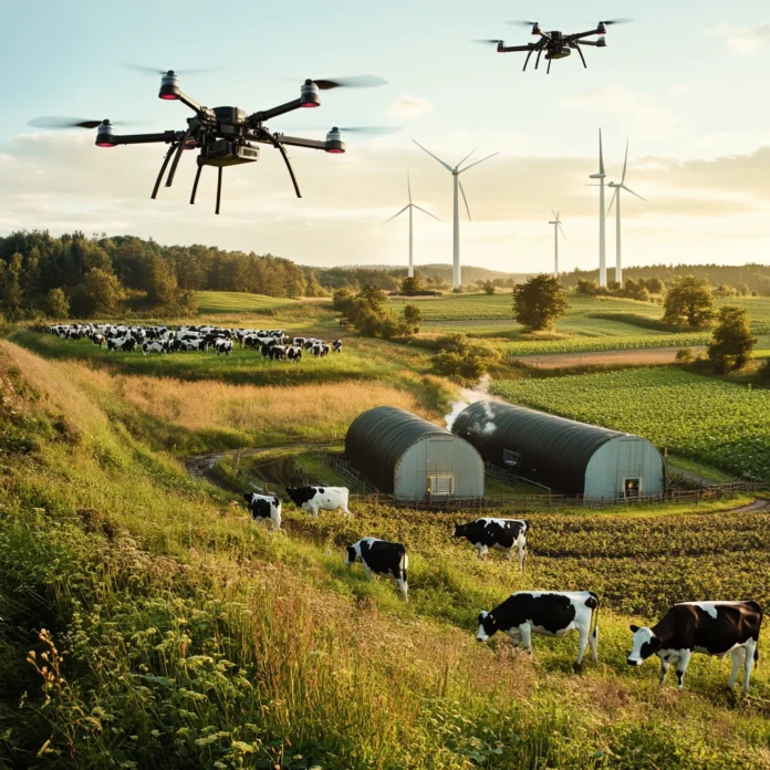 A modern, sustainable farm utilizing advanced methane reduction techniques, including covered manure storage, biodigesters, drone monitoring, and renewable energy integration