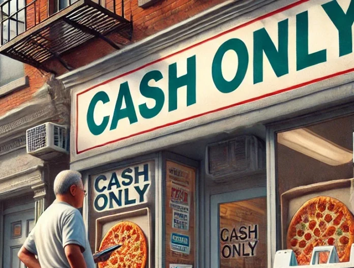 A realistic illustration of a New York City storefront with a prominent _CASH ONLY_ sign displayed on the entrance