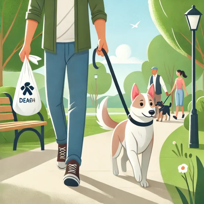 A responsible dog owner walking their well-behaved dog in a park, practicing good dog walking etiquette