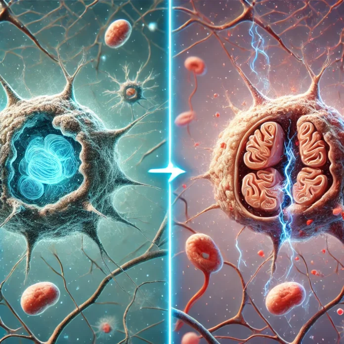 A scientific illustration of mitochondrial dysfunction in brain cells, showing astroglia and neurons