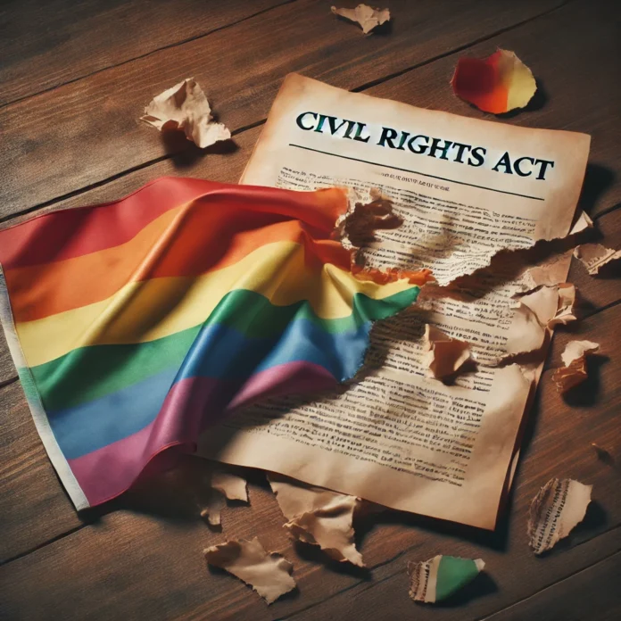 A symbolic image representing the removal of civil rights protections. A torn or crumpled legal document labeled 'Civil Rights Act' lies on a wooden table