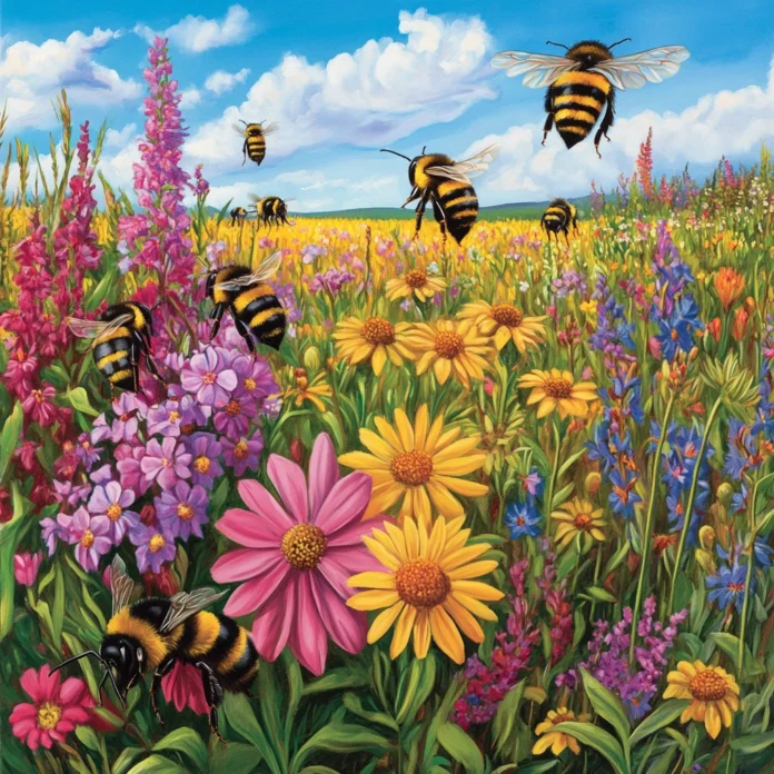 A vibrant agricultural landscape featuring honeybees (Apis mellifera) and common eastern bumble bees (Bombus impatiens) collecting pollen from flowers