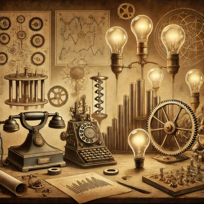 A vintage-style illustration depicting a collection of forgotten inventions and scientific tools, symbolizing the contributions of overlooked innovators