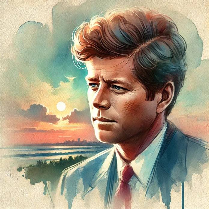 A watercolor brushstroke painting of a man resembling JFK Jr., gazing thoughtfully at the horizon