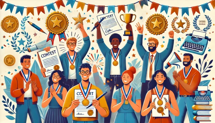 An engaging illustration showing diverse writers joyfully receiving medals and accolades, celebrating their literary achievements