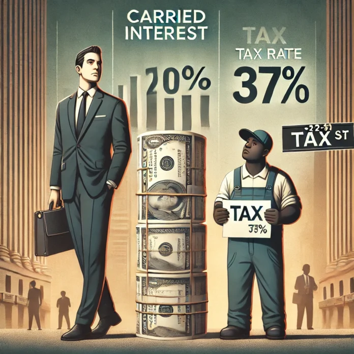 An illustration of a financial concept_ A well-dressed private equity manager stands next to a large stack of money labeled 'Carried Interest'