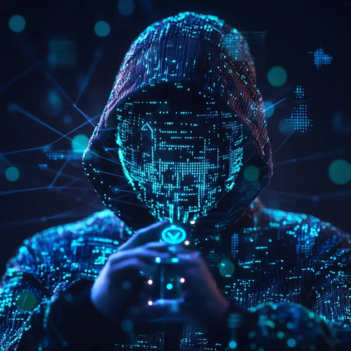 An image of a futuristic hacker using quantum computing to attack a blockchain network