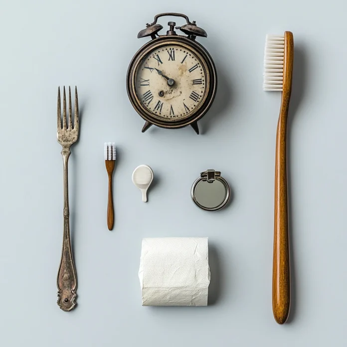 An image showcasing the historical evolution of everyday objects like an antique fork, an old-fashioned mirror, a mechanical alarm clock, an early version of toilet paper, and a primitive toothbrush