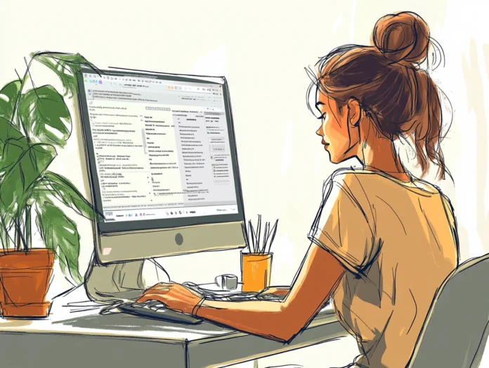 Digital drawing of a woman at her computer with a CMS on her screen